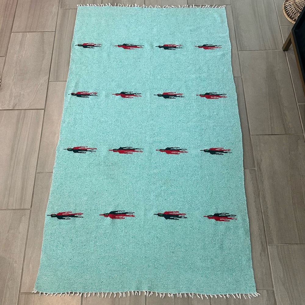 Vintage Mexican Throw Blanket Folk Bird Motif – Turquoise Textile 72x42”
